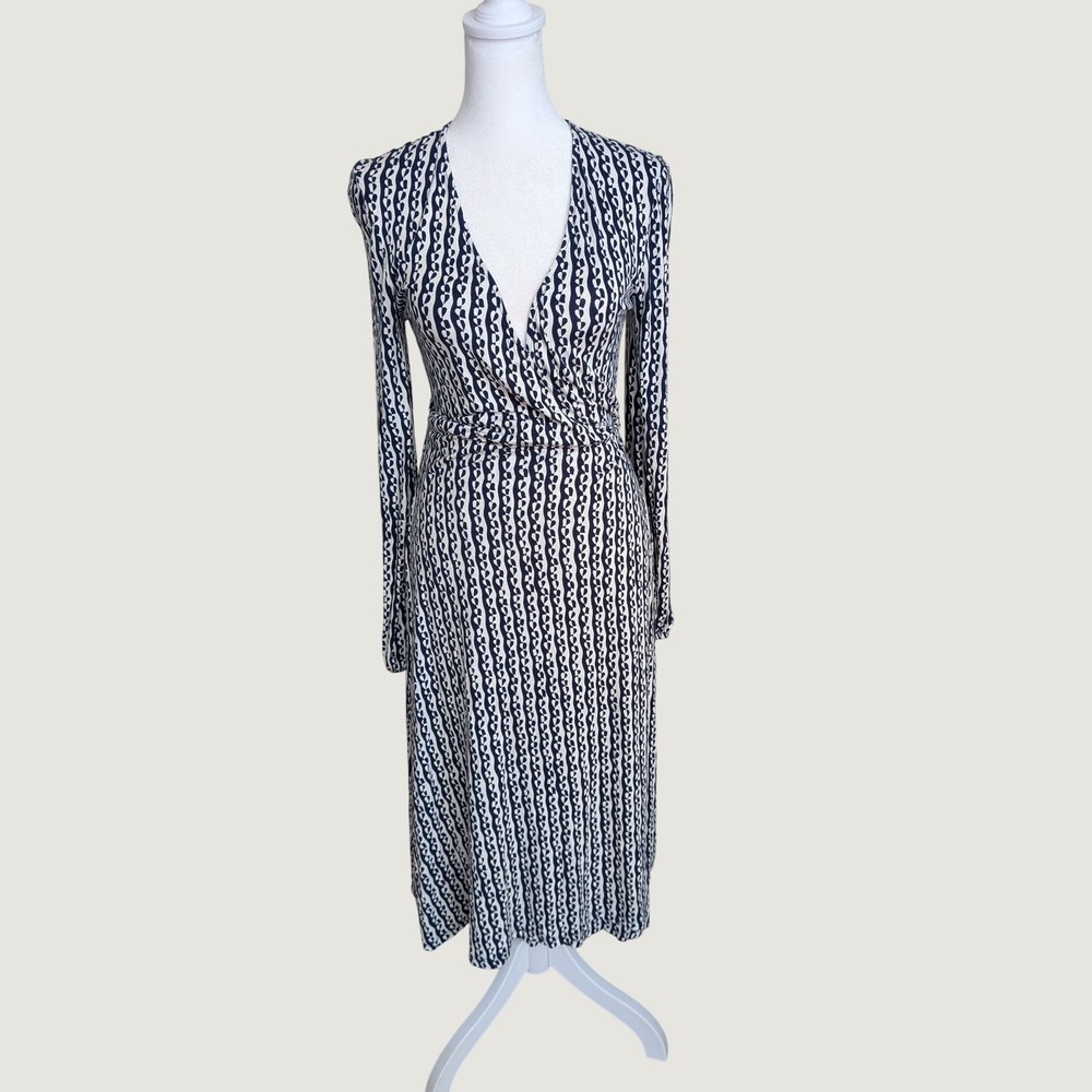Boden Navy White Geometric Heart Link Wrap Midi Dress Long Sleeve Size 6